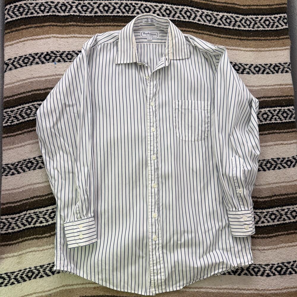 Men's Vintage 90's Burberry's of London White Blue Striped Button Up Shirt Sz M